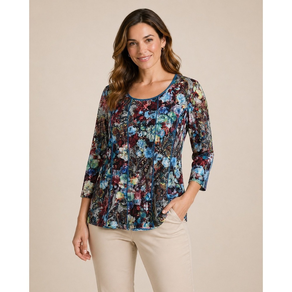 Christopher & Banks Floral Blouse Womens L Stretch 3/4 Sleeve Top‎ Super Cute